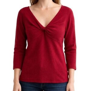 Ann Taylor Cashmere Sweater Size Large Red Twist Front 3/4 Sleeve Soft Cozy Knit